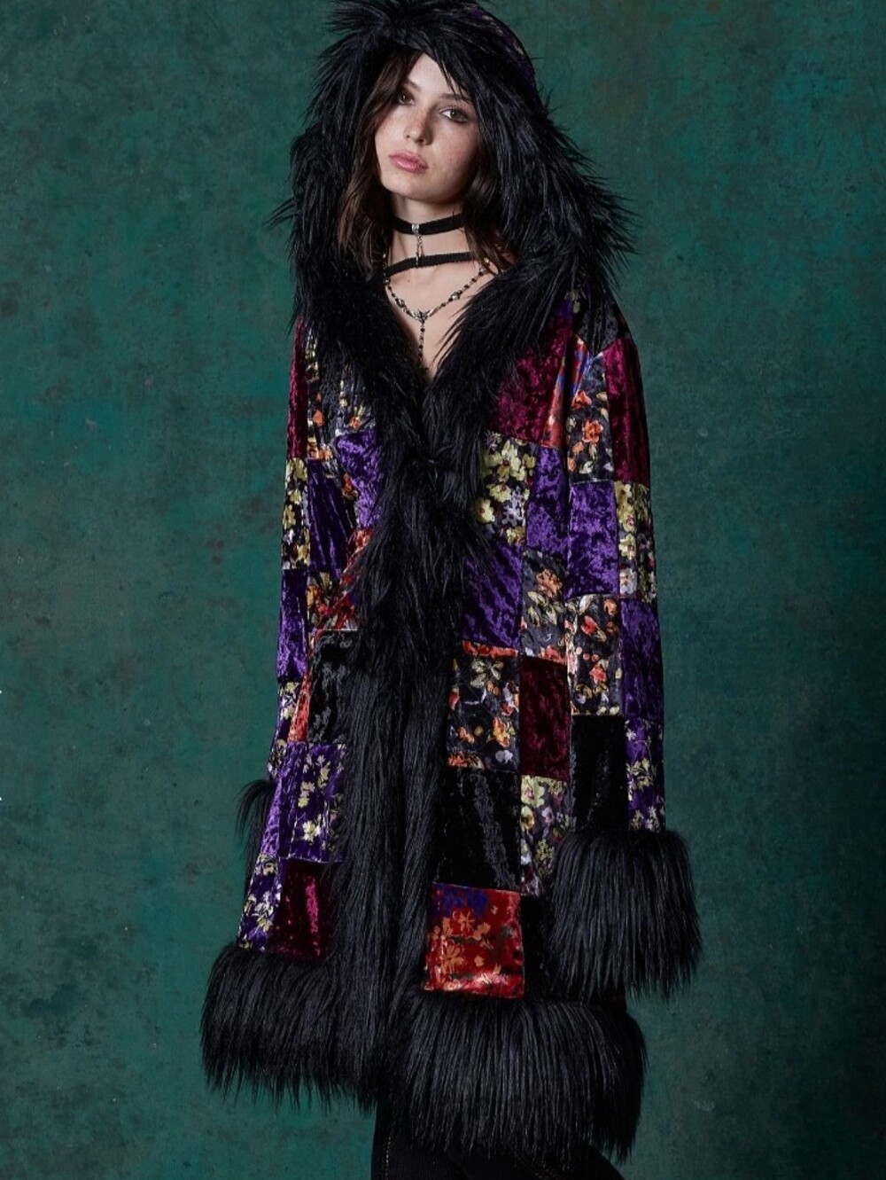 CURRENT MOOD Velvet Patchwork Hooded Coat with Faux Fur Trim Black & Purple Nwt